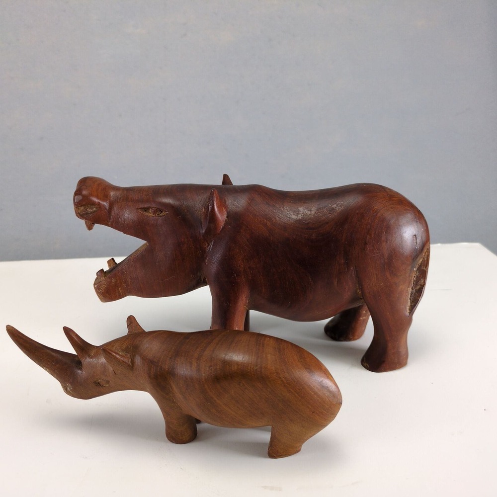 Vintage Hand Carved Wooden Hippo Rhino Figurines Made In Kenya African Art